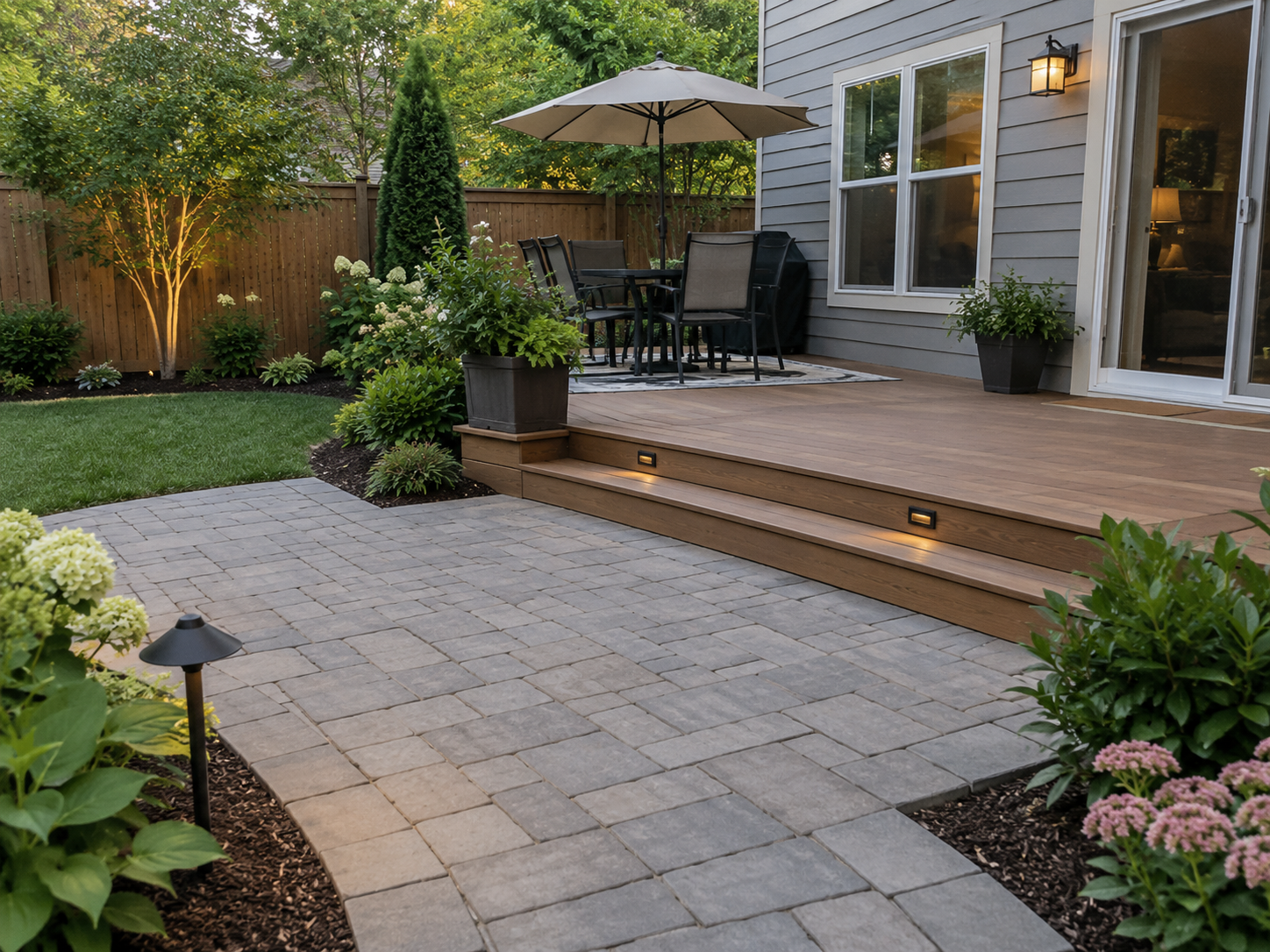 A backyard patio with stone pavers, a wooden deck with steps, outdoor dining furniture, an umbrella, and surrounding greenery including shrubs and trees.