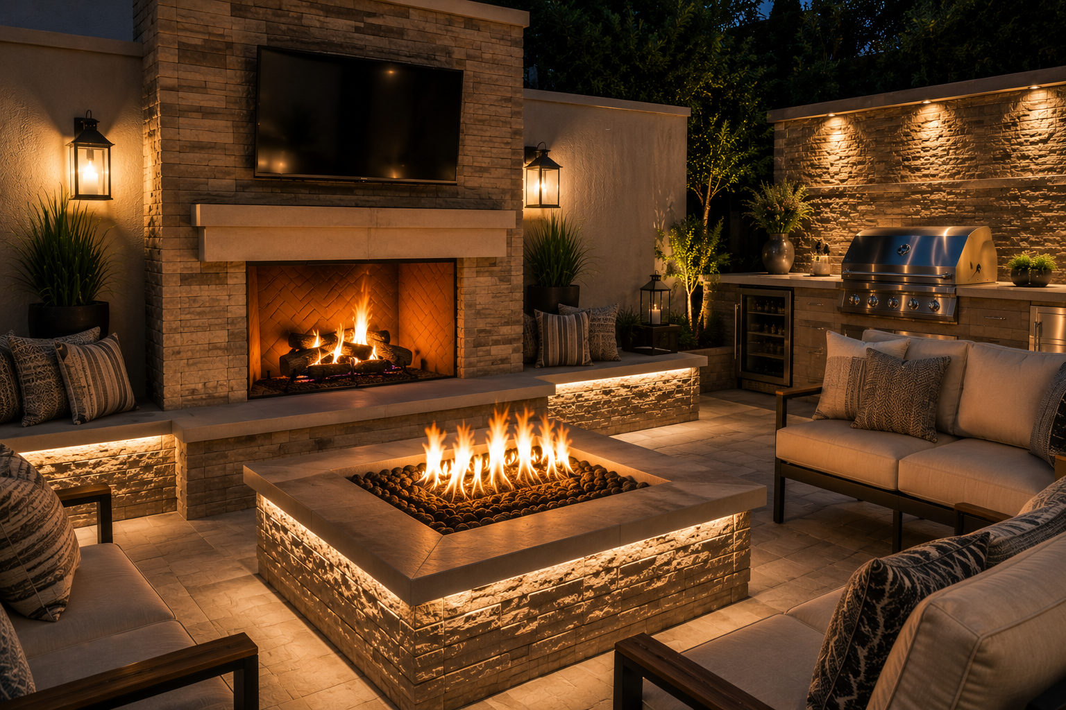 Outdoor patio with a fire pit and a fireplace, surrounded by seating with cushions, a grill, and decorative plants, illuminated by wall-mounted lights and ambient lighting at night.