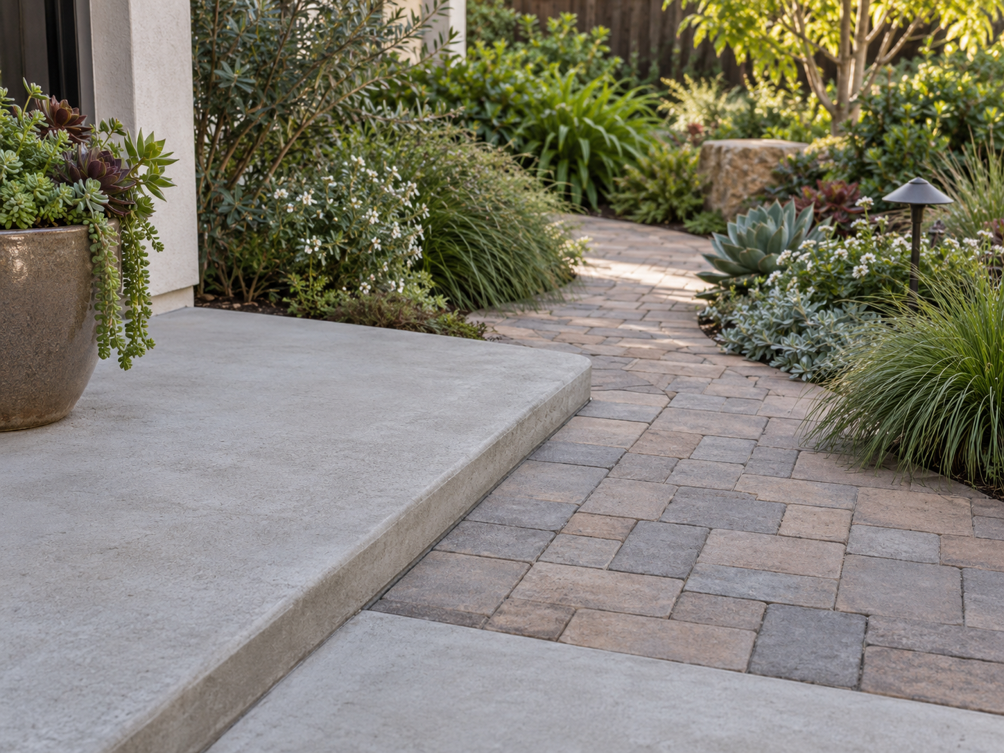 A concrete porch with a step leading to a brick-paved garden pathway. The pathway is bordered with various green plants, including succulents and ornamental grasses, with a small landscape light on the right side.