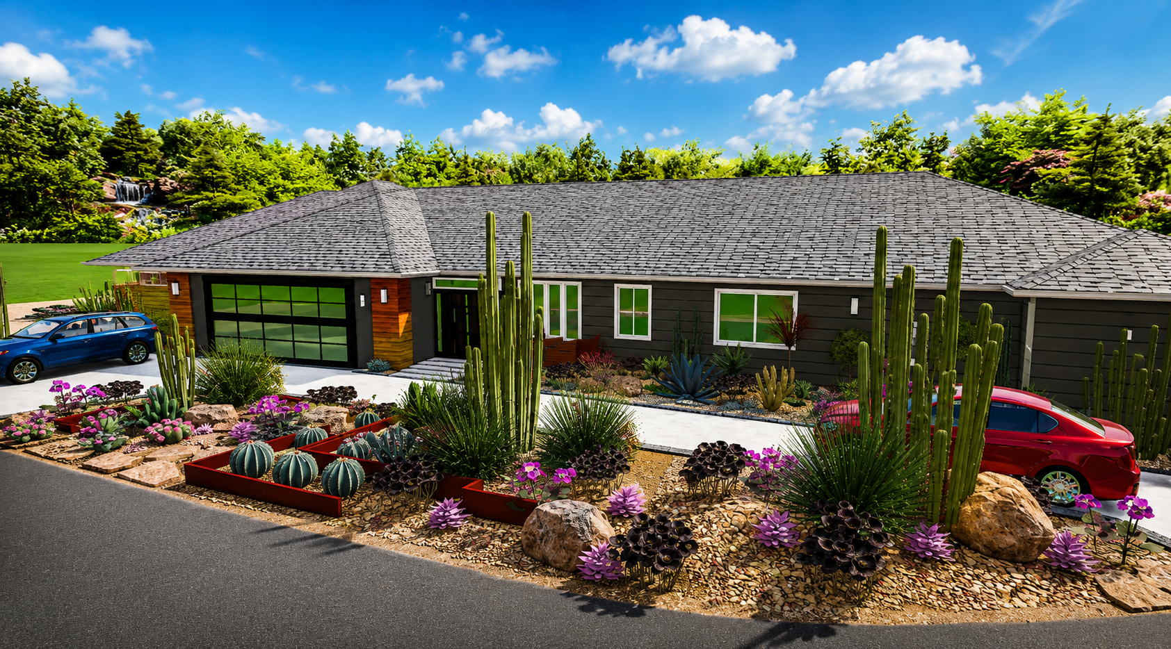 Contemporary front yard 3D landscape design with drought-tolerant plants and custom hardscape
