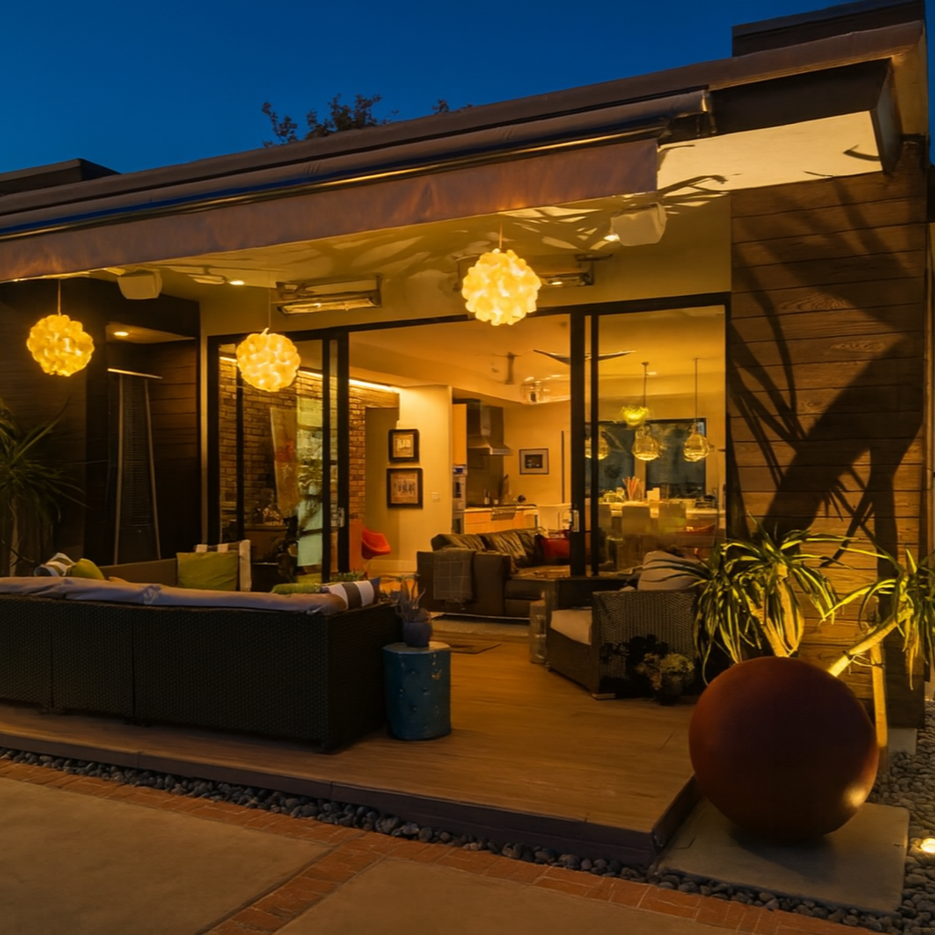 A lit outdoor patio with a seating area, including sofas and a blue side table, next to a house with large glass windows showing an indoor living space with hanging pendant lights and artwork, during evening time.