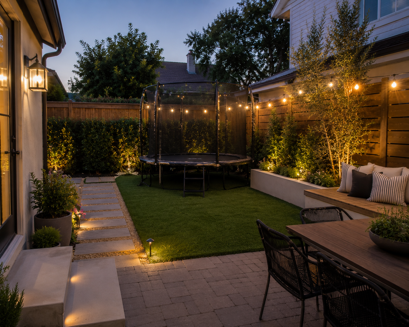 Family backyard with outdoor living space and landscape lighting