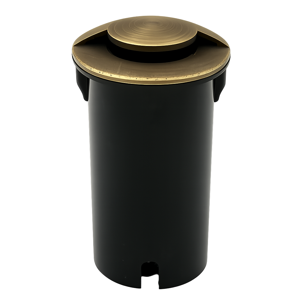 Black trash bin with a gold-colored lid.