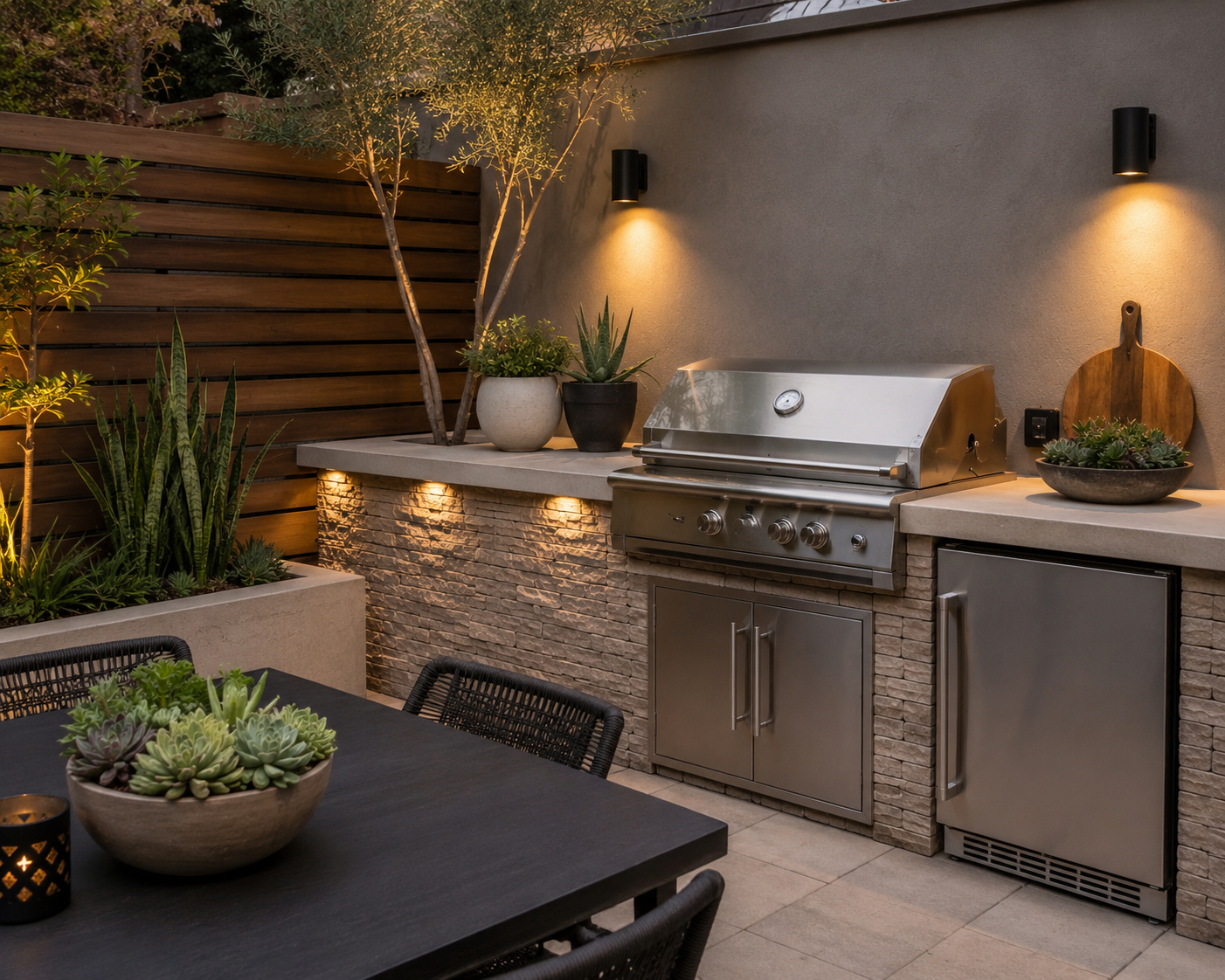 Outdoor patio with built-in stainless steel gas grill, potted plants, and ambient lighting.
