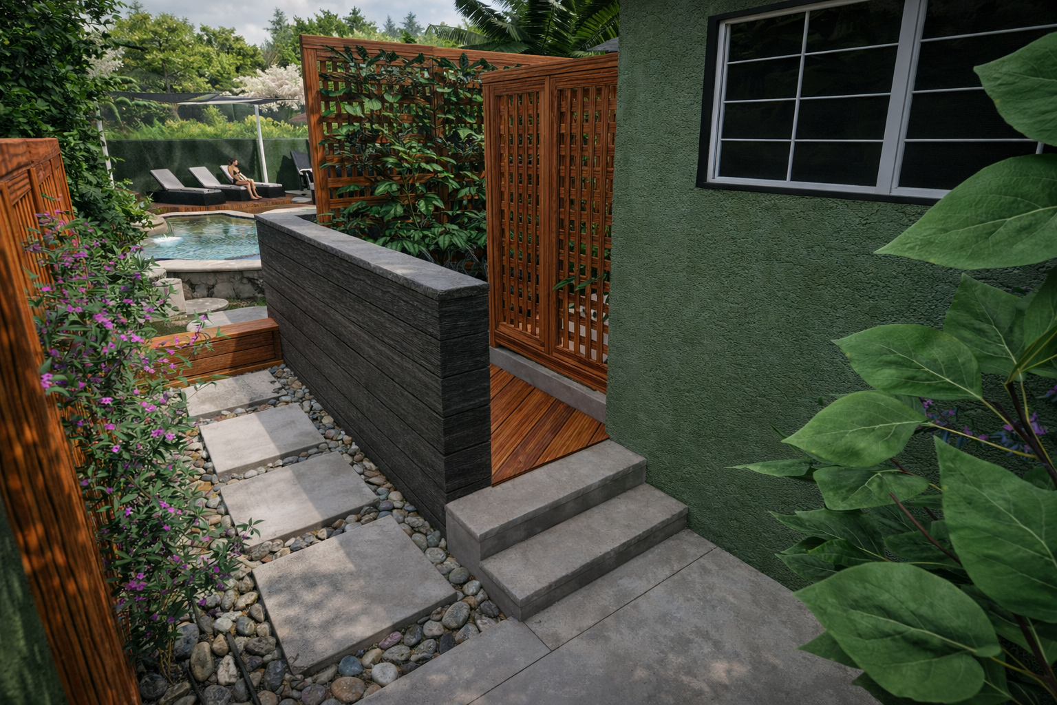 View of a backyard with a small step leading to an outdoor shower, green wall, window, garden with plants, pathway with stepping stones, and a swimming pool with lounge chairs and a person relaxing.