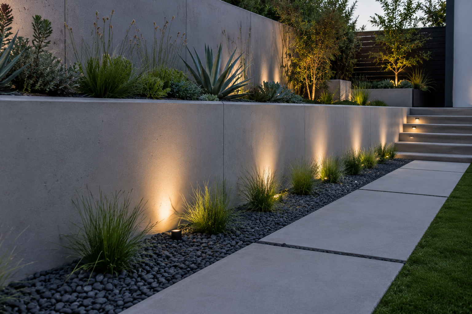 Modern outdoor garden with tiered concrete retaining wall, illuminated by landscape lighting, featuring desert plants and a concrete walkway with grass.