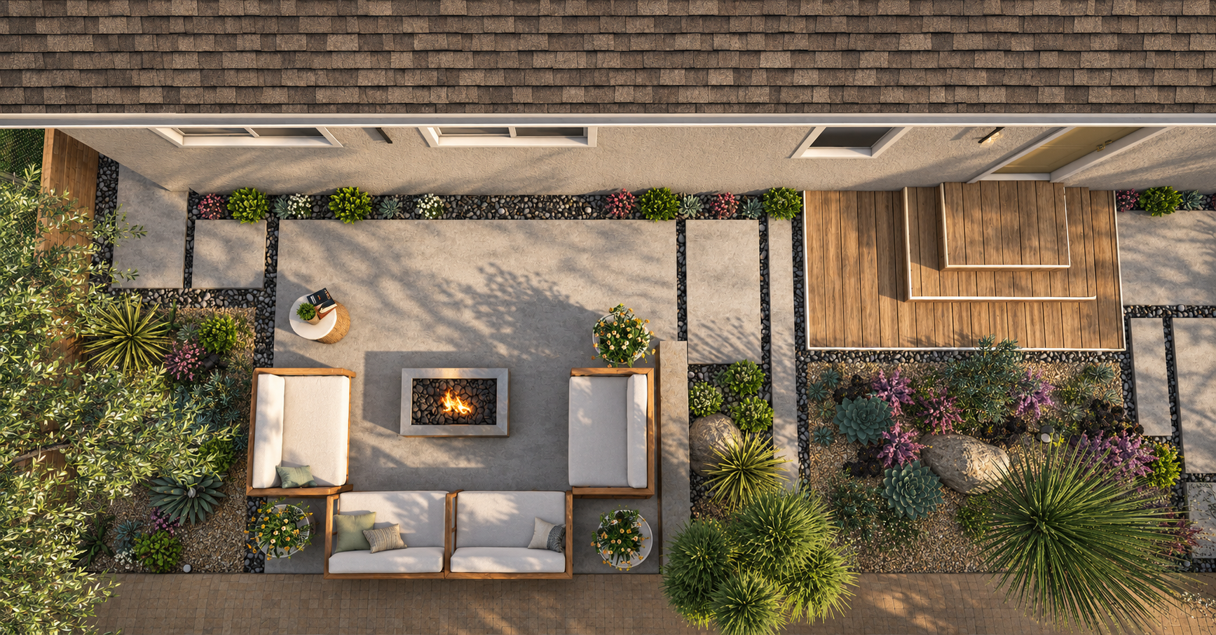 Aerial view of a landscaped backyard patio with outdoor seating, a fire pit, potted plants, and a wooden deck, bordered by colorful flowers and greenery.