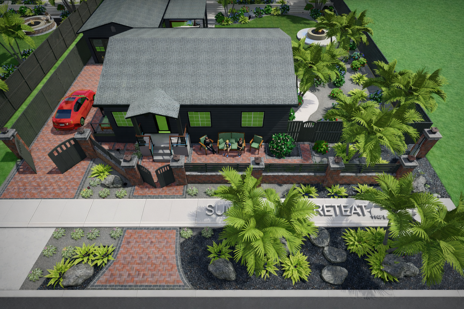 An outdoor patio area behind a black house with green windows, decorated with green chairs and plants, enclosed by a brick and iron fence, with a driveway and parked red car nearby.