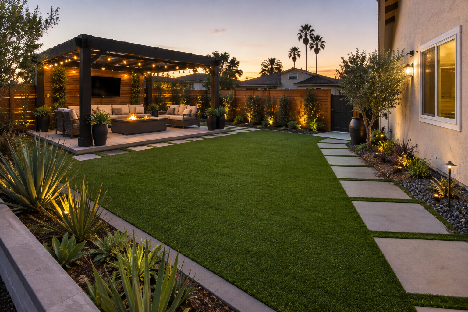 Backyard landscape featuring a black pergola, outdoor seating area, built-in fireplace, lush lawn, palm trees, and surrounding plants creating an outdoor living space.