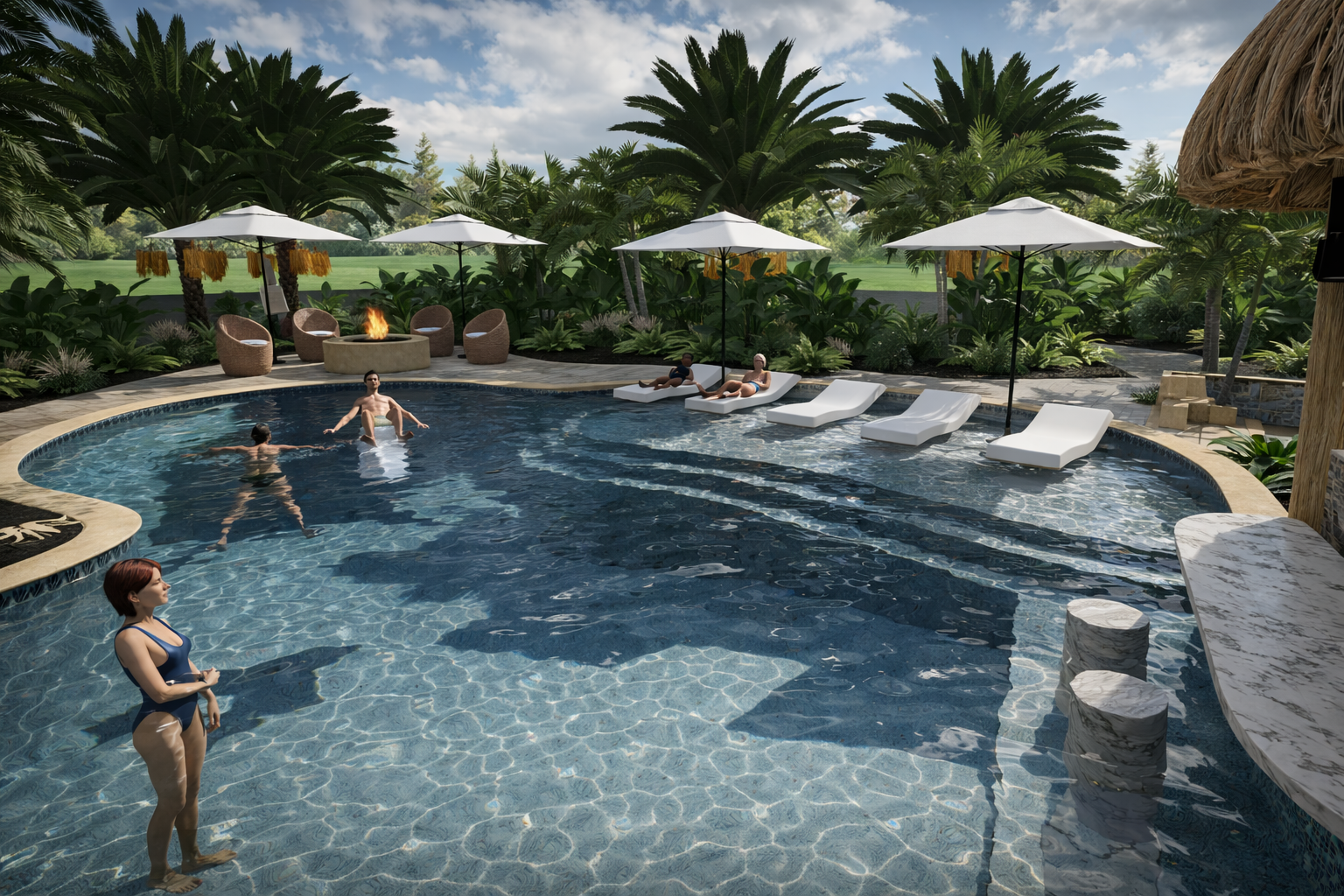 A luxury outdoor swimming pool surrounded by green tropical plants, with white lounge chairs and umbrellas, and guests relaxing and swimming.