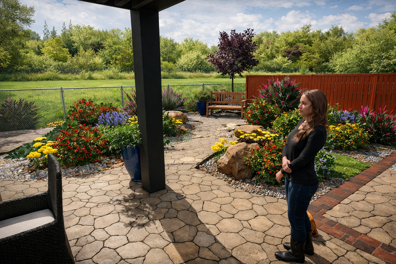 A woman with long brown hair wearing a black long-sleeve shirt and blue jeans standing on a patio with potted plants, colorful flowers, rocks, and a wooden bench in a garden, with trees and a cloudy sky in the background.  Landscape design 