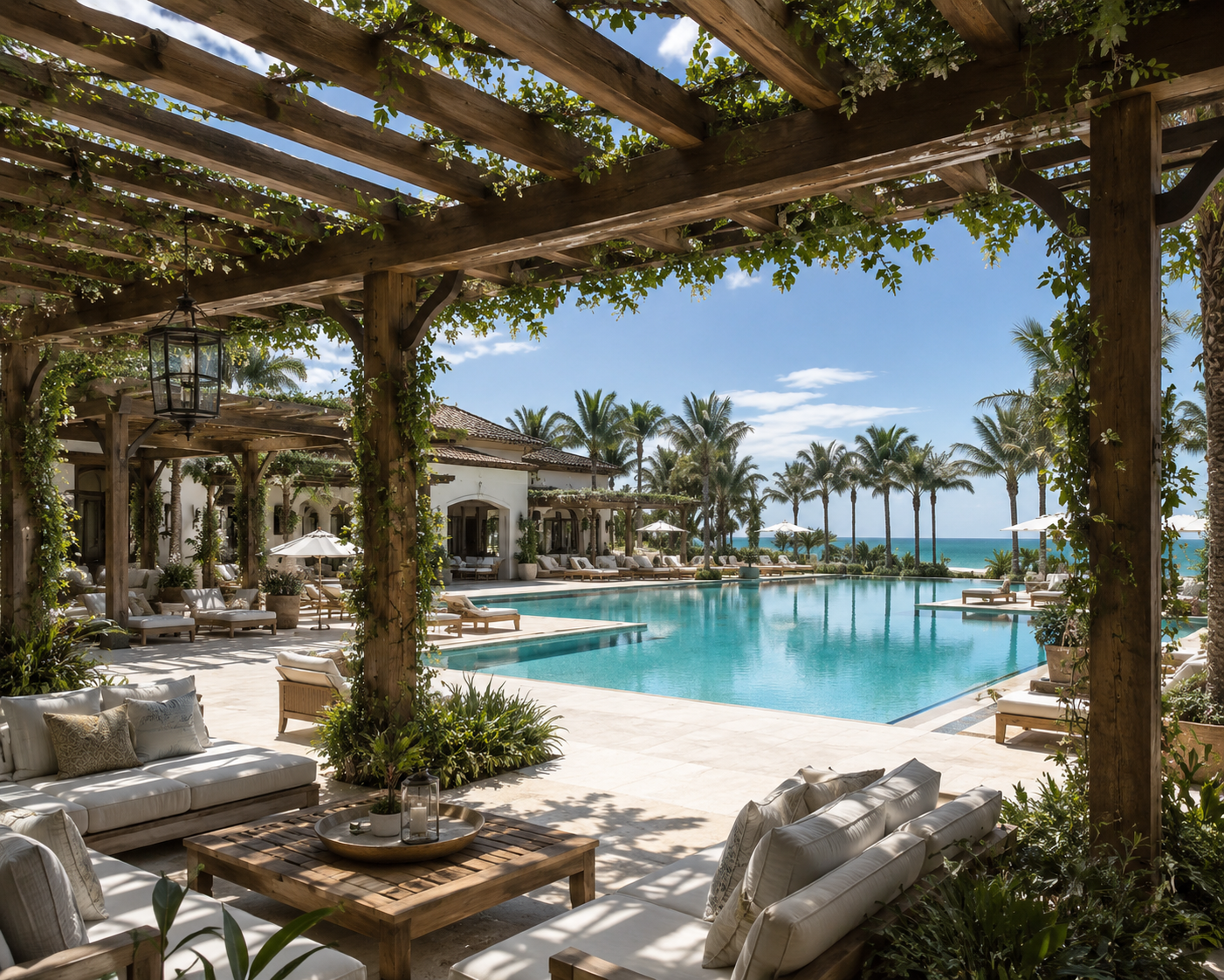 A luxurious poolside area at a beach resort with tropical palm trees, white lounge chairs, umbrellas, and a view of the ocean in the distance.