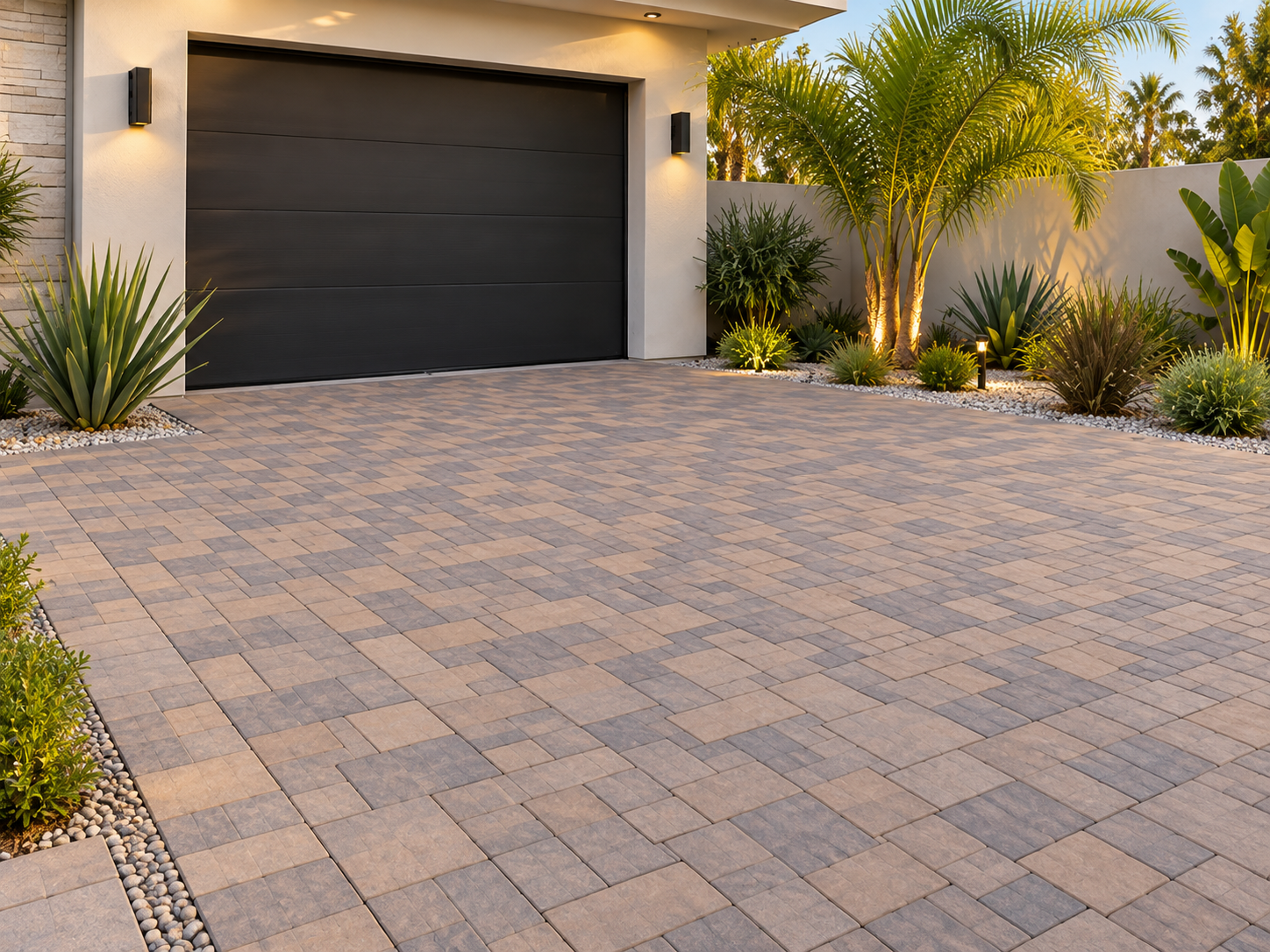 Modern house entrance with a black garage door, outdoor lighting, and desert-style landscaping featuring palm trees and succulent plants, with a paved driveway.