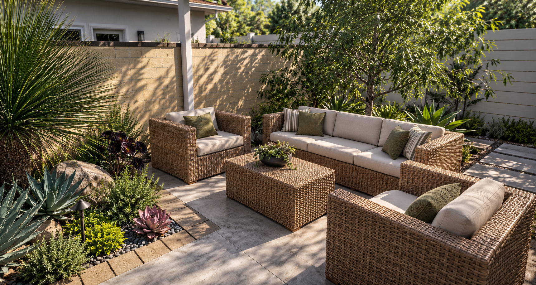 Outdoor patio with wicker furniture including a sofa and armchairs with cushions, a central coffee table with a flower arrangement, surrounded by lush green plants and trees, enclosed by a beige brick and white fence.