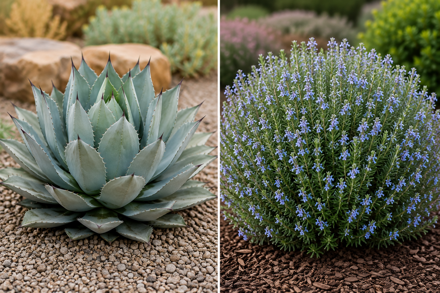 Blue agave and flowering plants in drought-tolerant landscape
