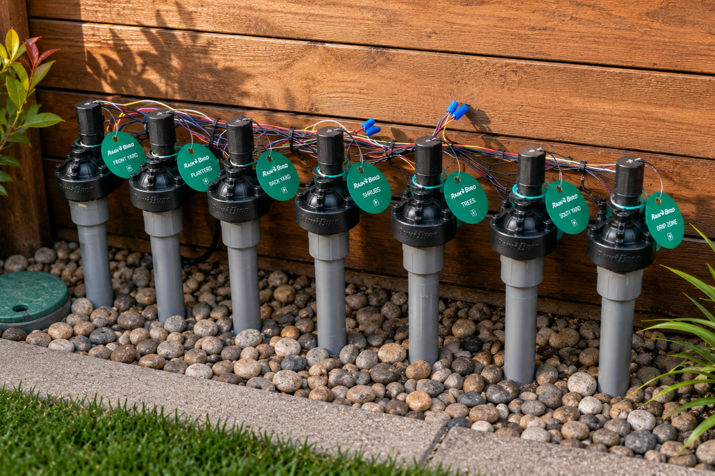 Automated garden sprinkler system installed along a landscaped area with a wooden fence and gravel ground cover.