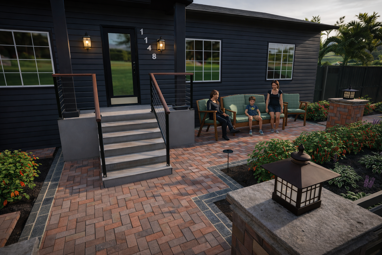 A backyard patio with a black blue house, a small staircase leading up to the door, three women and a child sitting and standing on outdoor chairs and sofas, a flower bed with greenery, and a brick fireplace with a lantern on top.