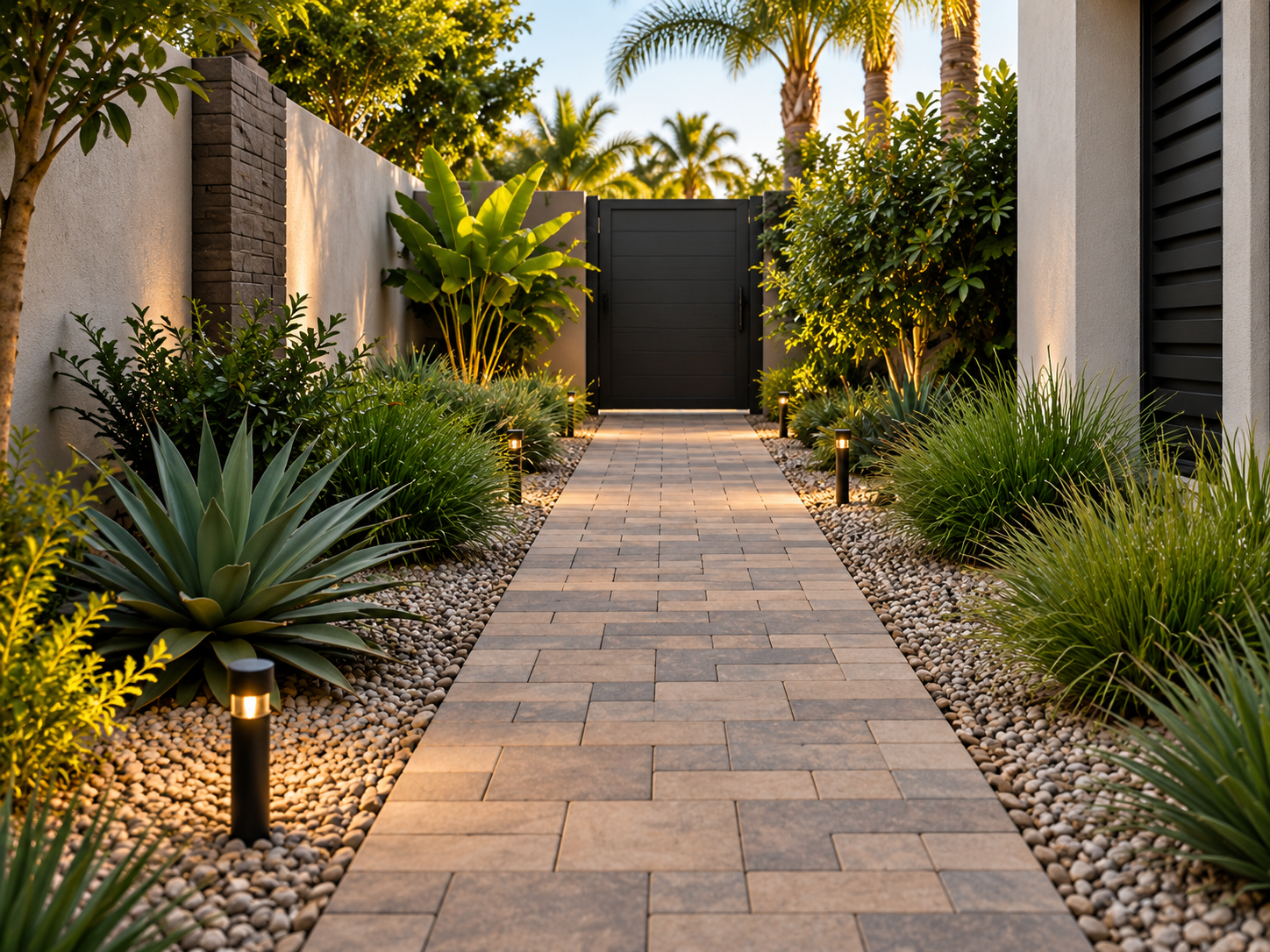 A landscaped pathway with a brick-paved walkway, surrounded by desert plants and illuminated by small ground lights, leading to a black gate at the end, with palm trees and greenery in the background during sunset.