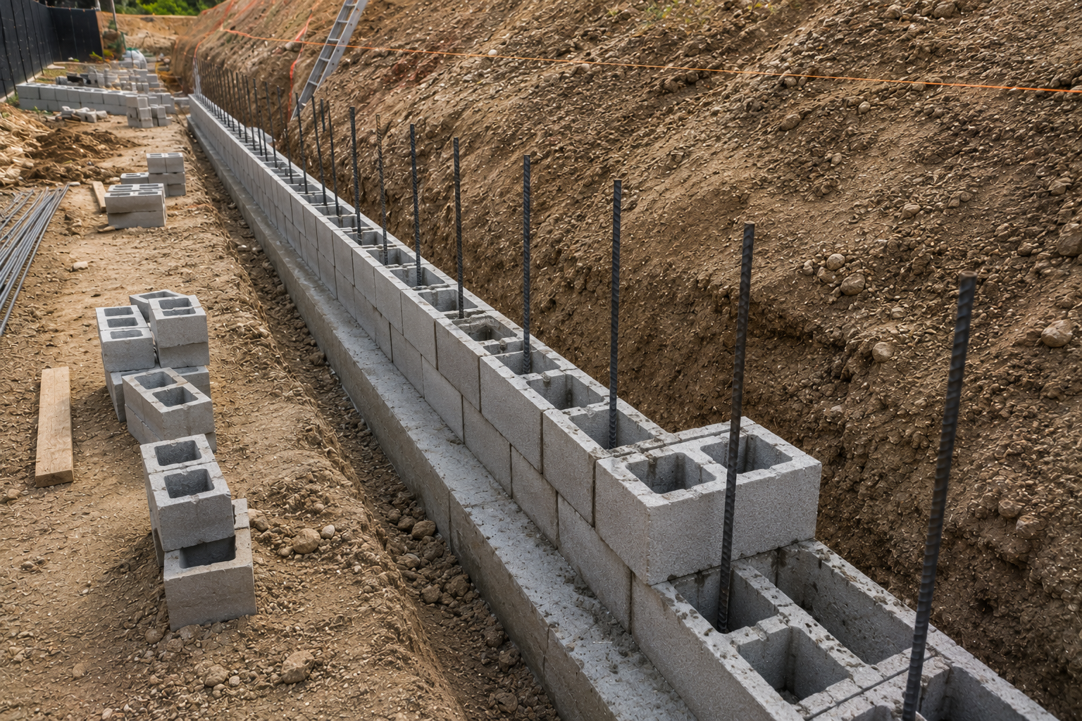 Construction site with a partially built concrete block wall on a dirt ground, with steel reinforcement rods extending vertically from the blocks, and loose concrete blocks and construction materials nearby.