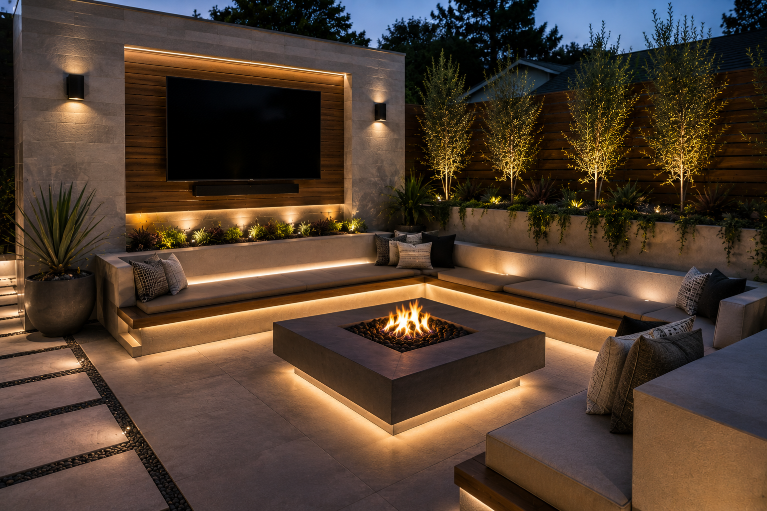 Modern outdoor patio with built-in seating around a fire pit, illuminated by soft lighting, with a mounted flat-screen TV on a wood-paneled wall, and trees decorated with string lights in the background at dusk.