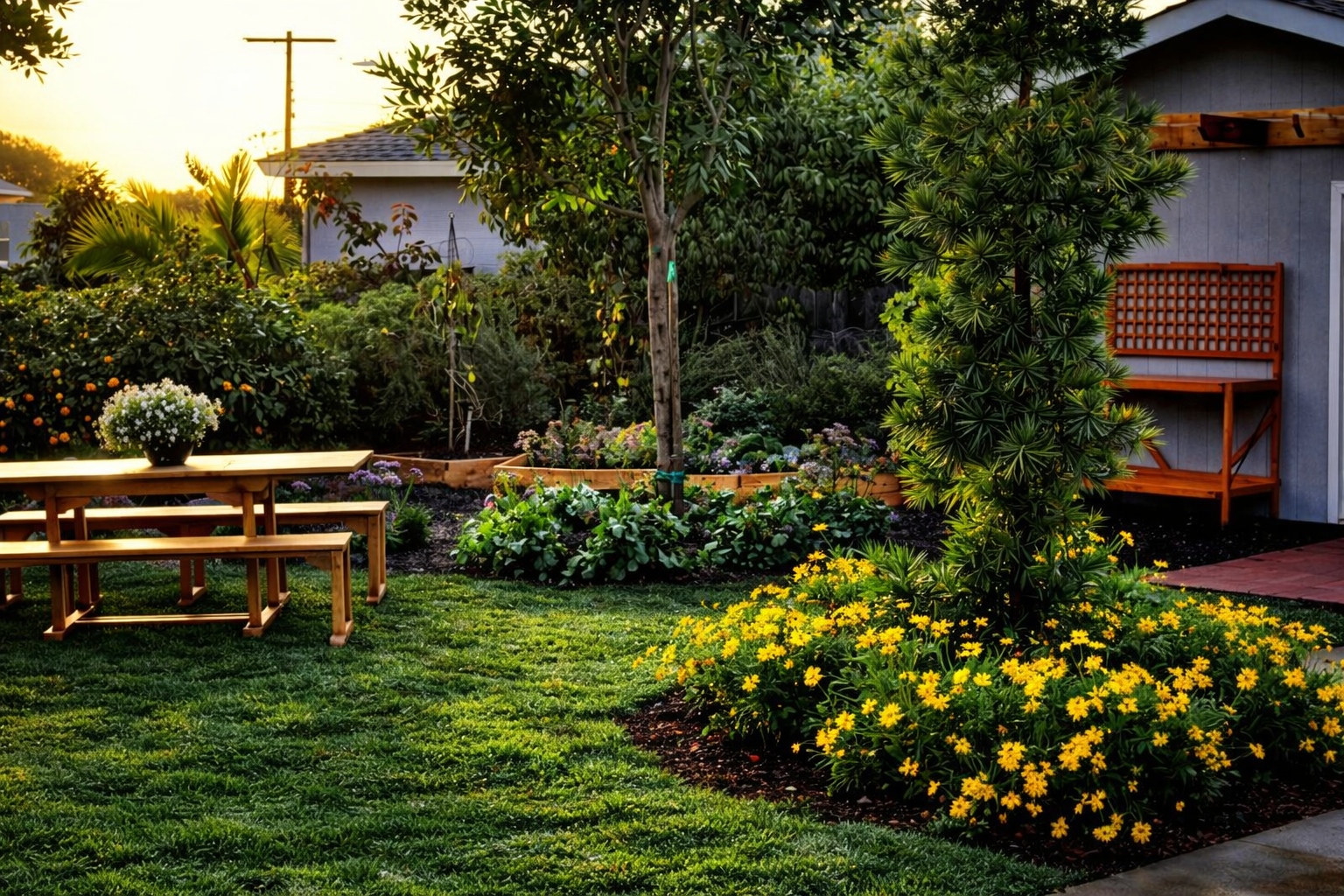 A backyard garden with green grass, wooden picnic table and benches, flowering plants including yellow flowers, a small tree, and a shed with a wooden bench, during sunset.