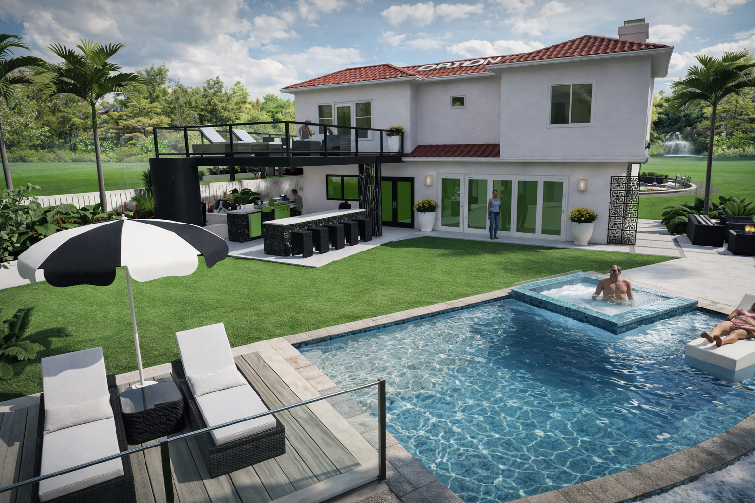 Luxury backyard with swimming pool, hot tub, outdoor lounge chairs, patio area, modern house, and surrounding greenery.  Backyard renovation, project, designer