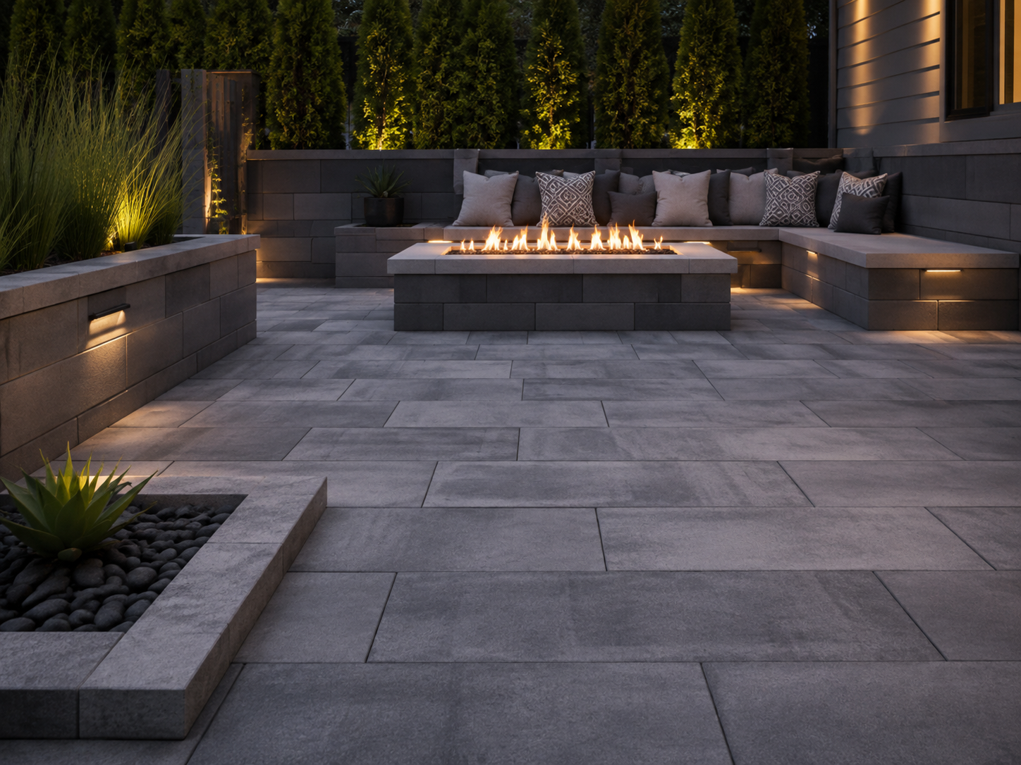 Modern outdoor paver patio with a built-in fire pit, gray stone tile flooring, and a cushioned seating area with decorative pillows, illuminated by soft lighting at dusk.