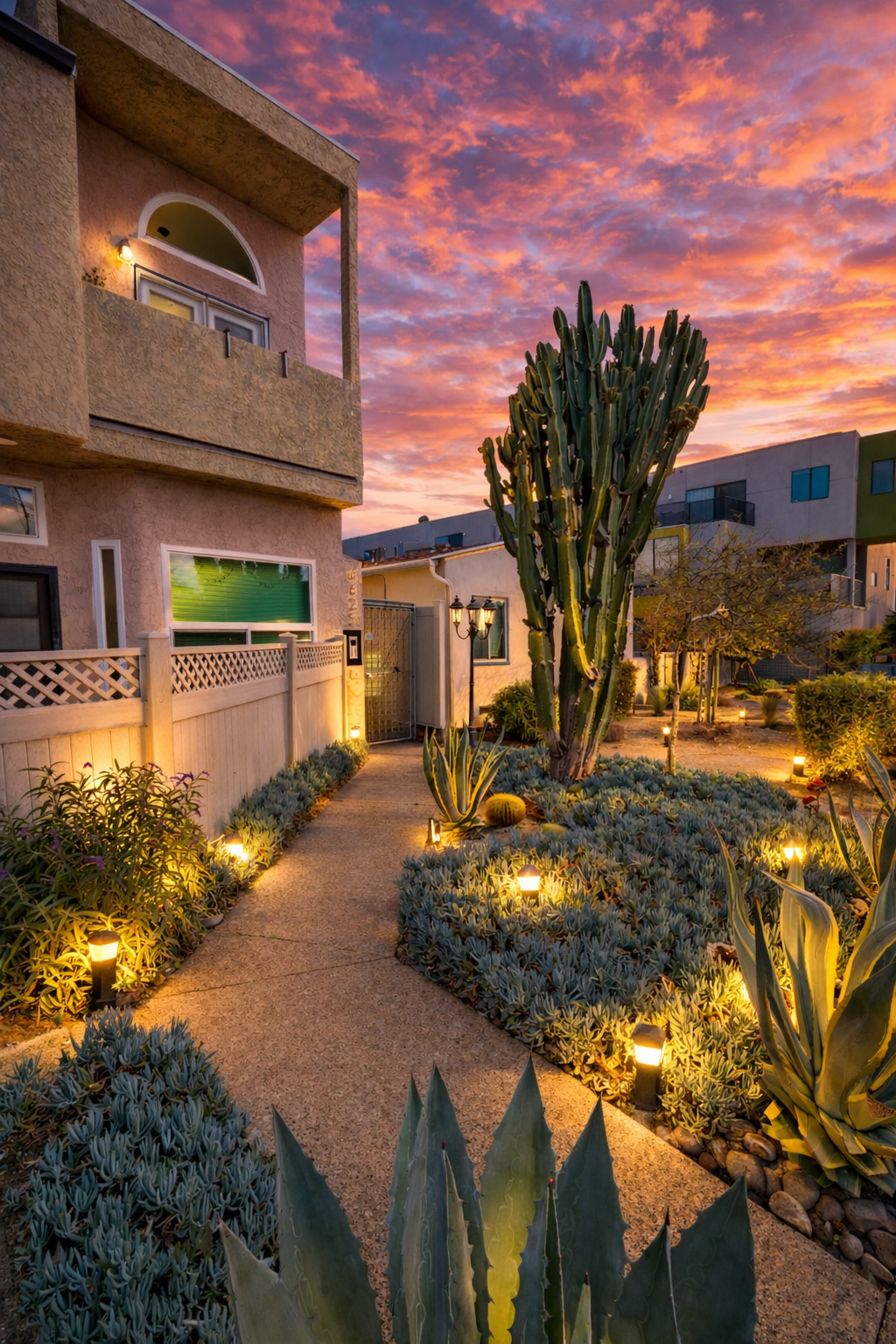 A desert-style front yard at sunset, illuminated by pathway landscape lights, featuring a large cactus, succulents, and desert plants with a modern townhouse in the background.