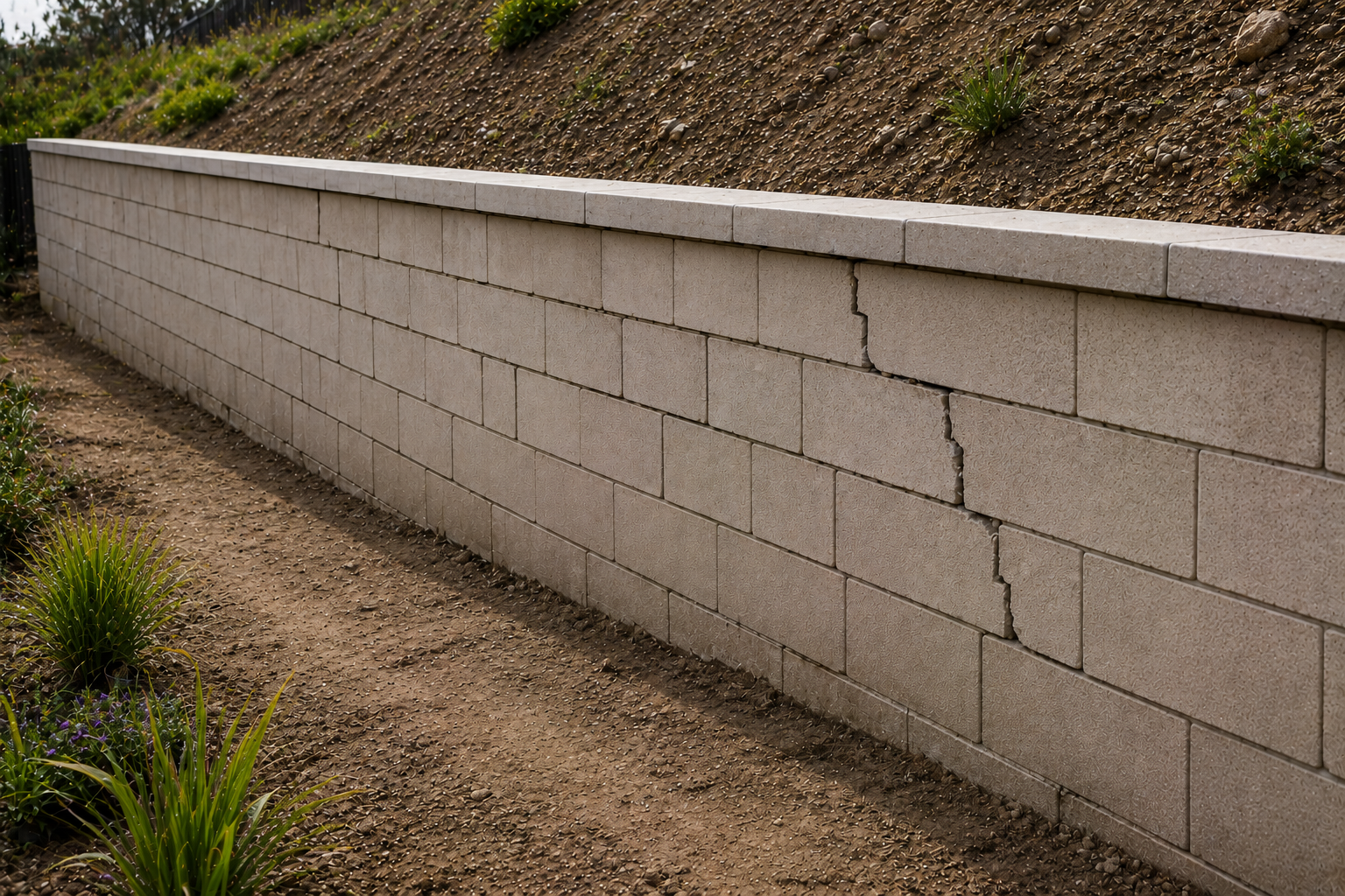 Concrete retaining wall with visible cracks, adjacent to soil and small plants.