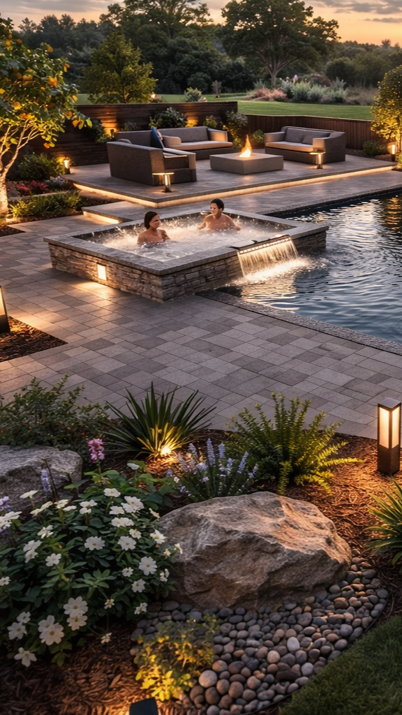 A backyard scene at sunset featuring a pool with two people relaxing in a hot tub, outdoor seating with couches and a fire table, surrounded by landscaping, lights, and trees.