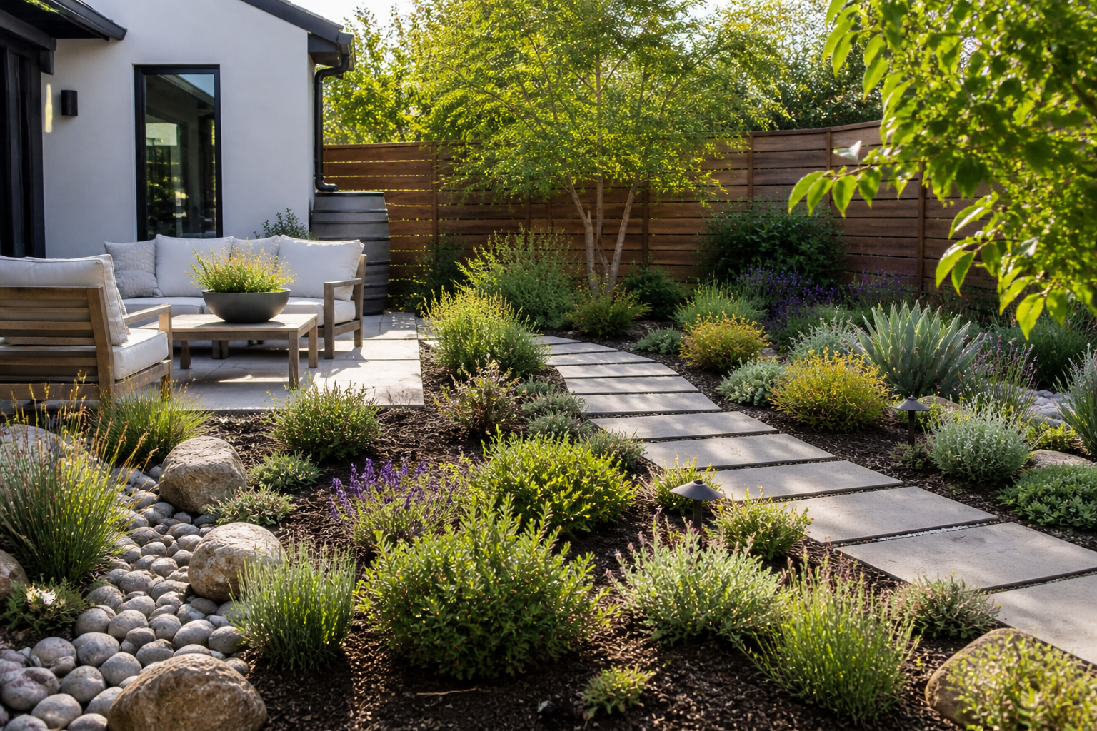 A backyard garden with a stone pathway, various plants, shrubs, a tree, and outdoor seating near a modern house with a white exterior, black window frame, and wooden privacy fence. Concrete Step stones in a landscape La Jolla, Del Mar, Encinitas, 