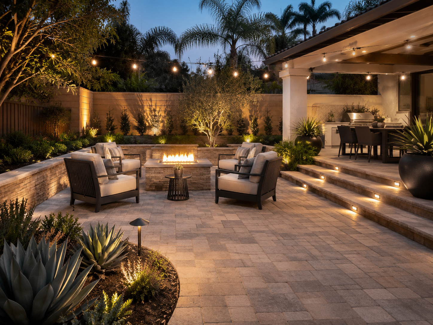 A beautifully lit backyard patio during evening with a central fire pit surrounded by cushioned chairs, potted plants, string lights, a staircase with embedded lighting, and an outdoor kitchen area with a dining table and barbecue grill.