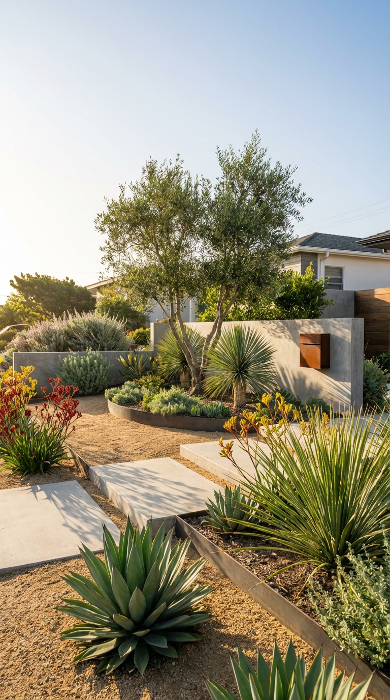 A desert-style garden with various succulents, spiky plants, and a tree, with a modern concrete wall and house in the background under a clear sky.