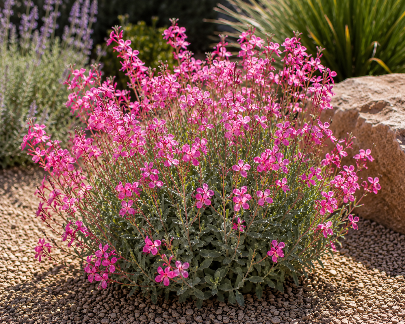 Pink flowering plant in a desert landscape with rocks and gravel