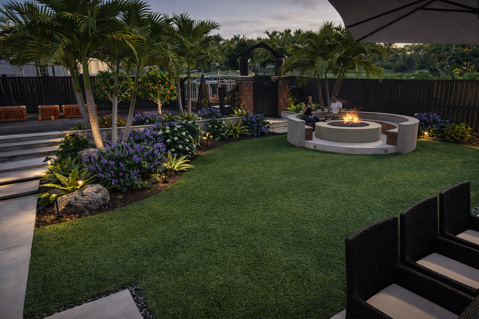 Residential garden with plants and rocks next to a driveway, with house number displayed on a white wall.