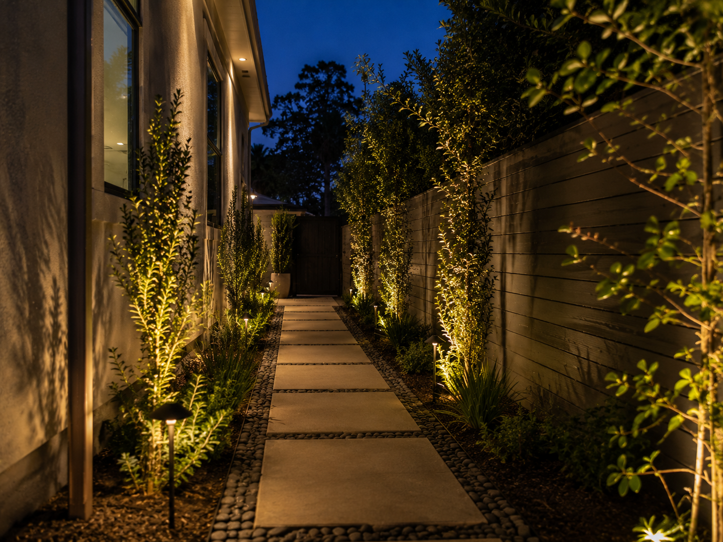 Night view of a landscaped backyard pathway with large square stepping stones, surrounded by small trees and plants illuminated by ground lights, with a wooden privacy fence on the right and the house on the left.
