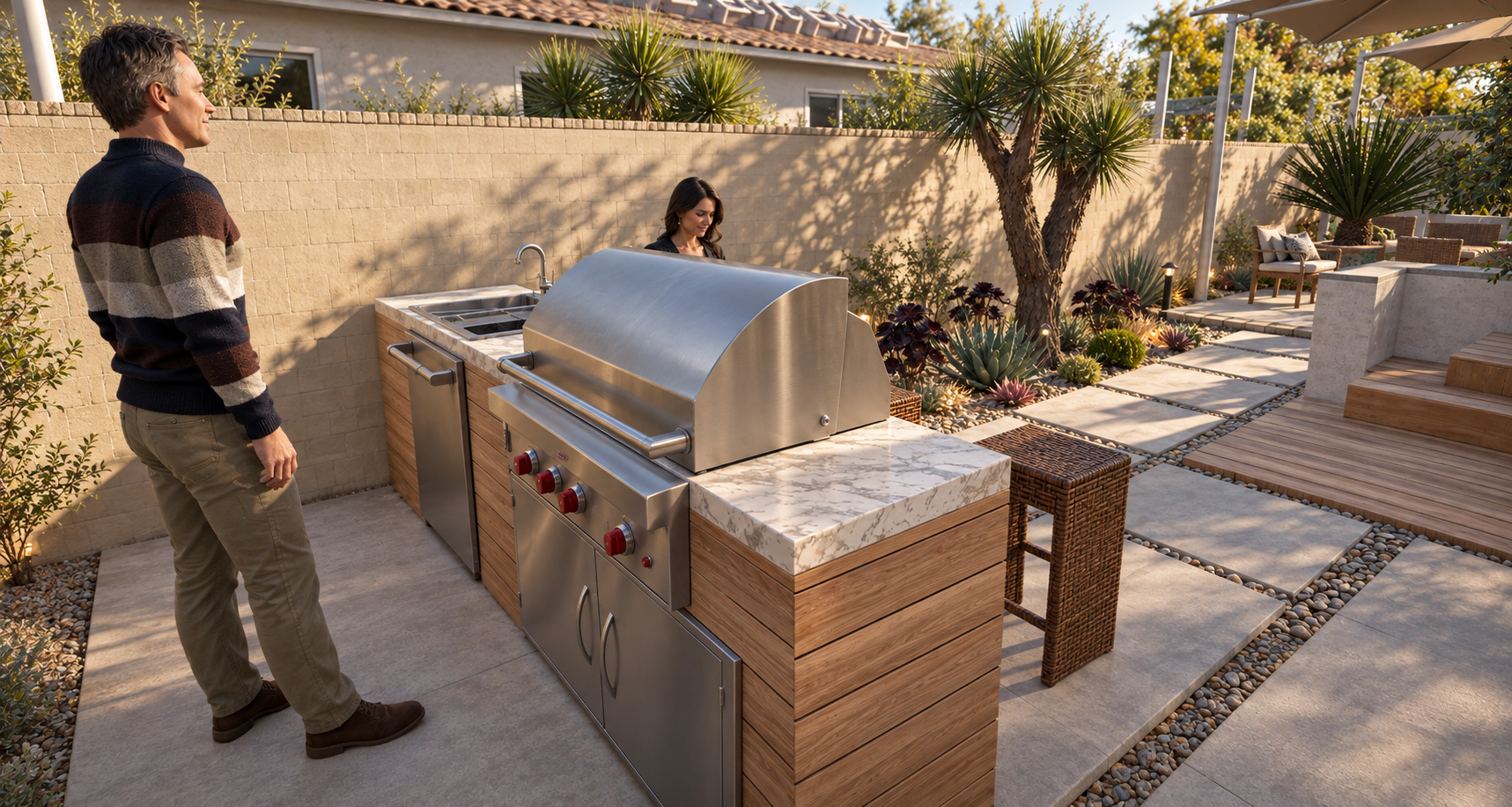 A man and woman in a backyard with an outdoor kitchen and seating area, plants, and a stone pathway, during daytime.