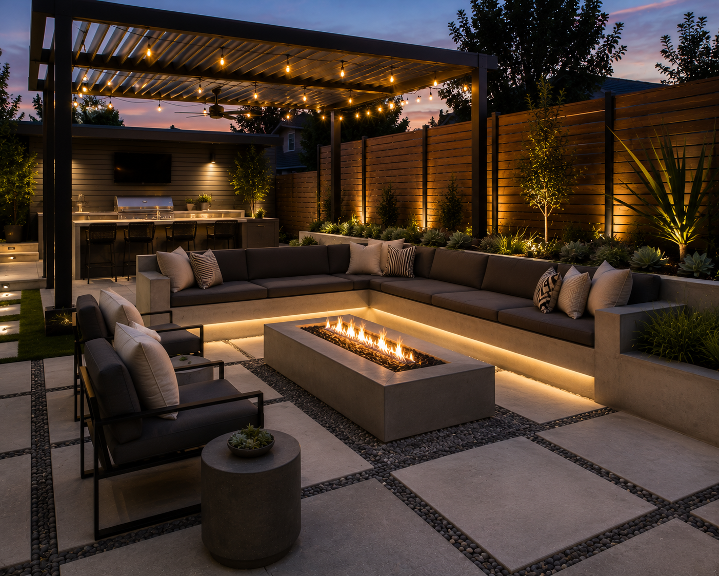 An outdoor living space at dusk featuring a sectional sofa with pillows, a fire pit, a bar area with barstools, string lights overhead, and a landscaped backyard with trees and a wooden privacy fence.