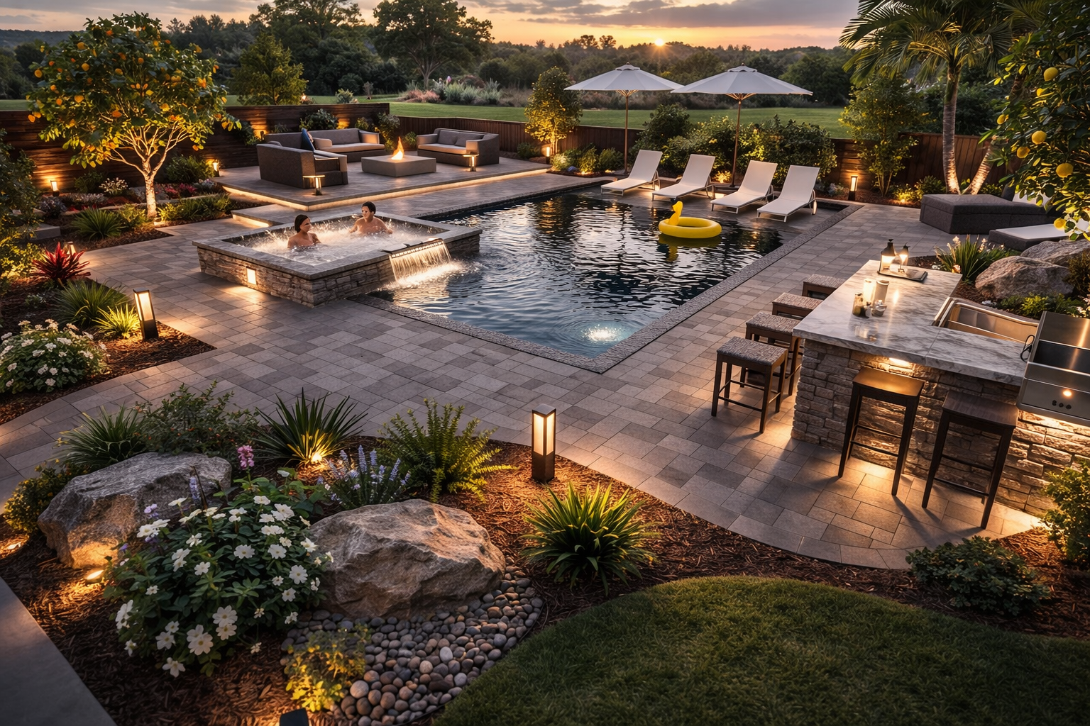 A luxurious backyard pool area at sunset featuring a hot tub with two people, a swimming pool with a yellow float, a stone bar with stools, lounge chairs with umbrellas, a fire pit area, and landscaped garden beds with flowers and rocks.  