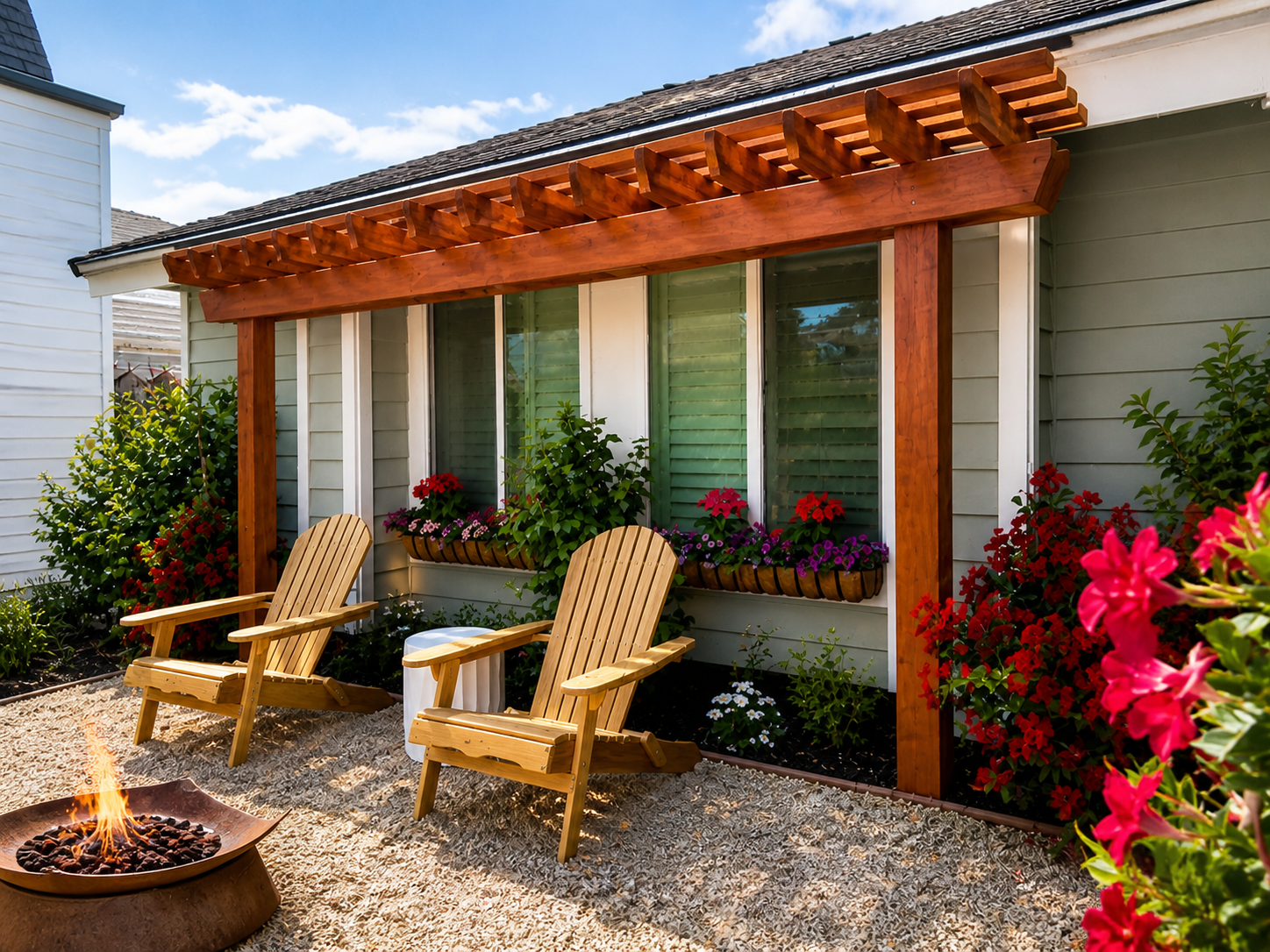 A cozy backyard patio scene with two wooden Adirondack chairs, a fire pit, and vibrant potted flowers under a wooden pergola on a sunny day.