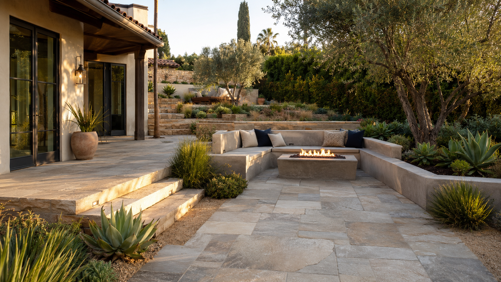 Backyard patio with built-in concrete seating and fire pit, surrounded by desert plants, succulents, and trees, adjacent to a house with sliding glass doors.