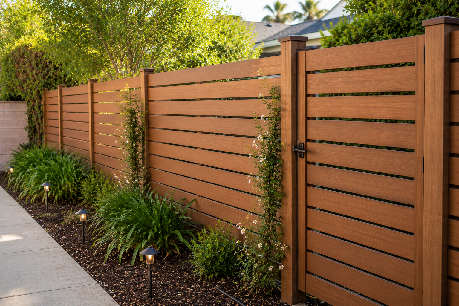 A wooden fence with horizontal slats and a matching gate, surrounded by landscaped plants and low pathway lights.