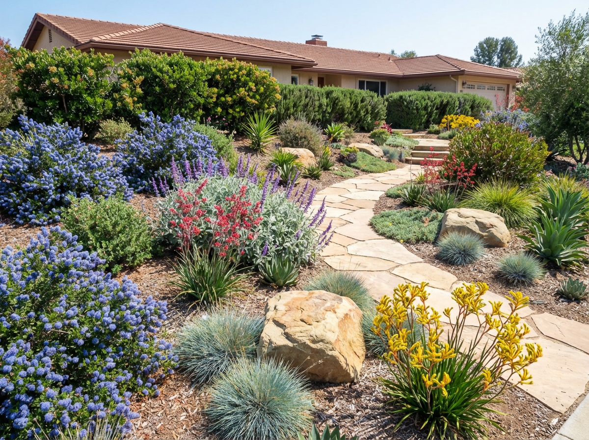 A winding stone pathway through a landscaped garden with various colorful drought-tolerant plants and shrubs in front of a house with a red tile roof.