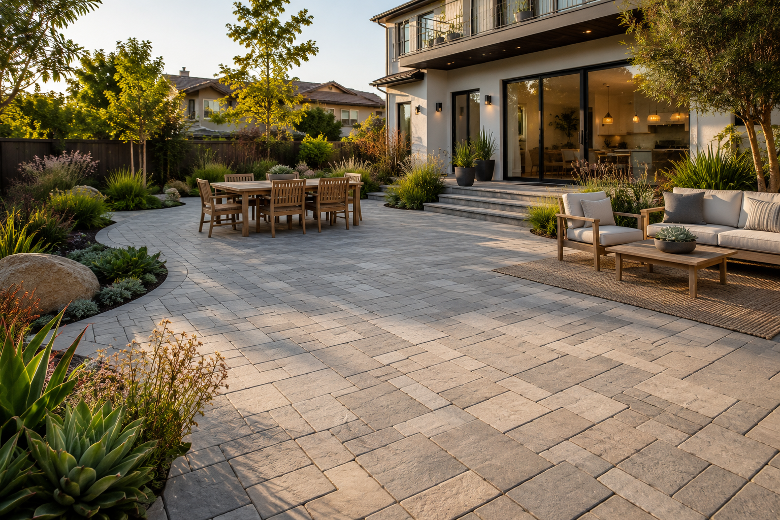 Backyard with stone patio, outdoor dining table, patio furniture, garden plants, potted plants, house with large glass sliding doors, and trees at sunset.