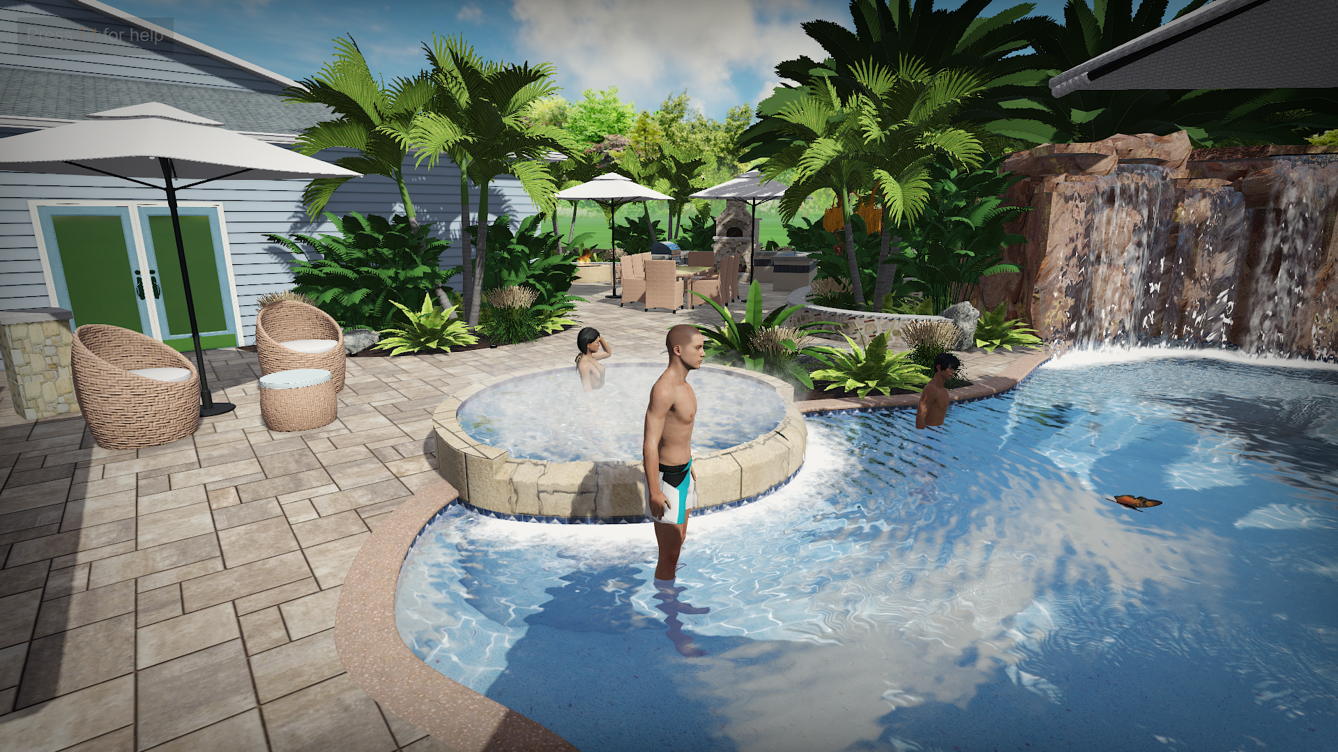 A scene of a backyard pool area with a hot tub, a waterfall feature, and tropical plants. There are two children in the hot tub, a young woman in the water, and a man standing in the shallow part of the pool. Several lounge chairs with umbrellas are 