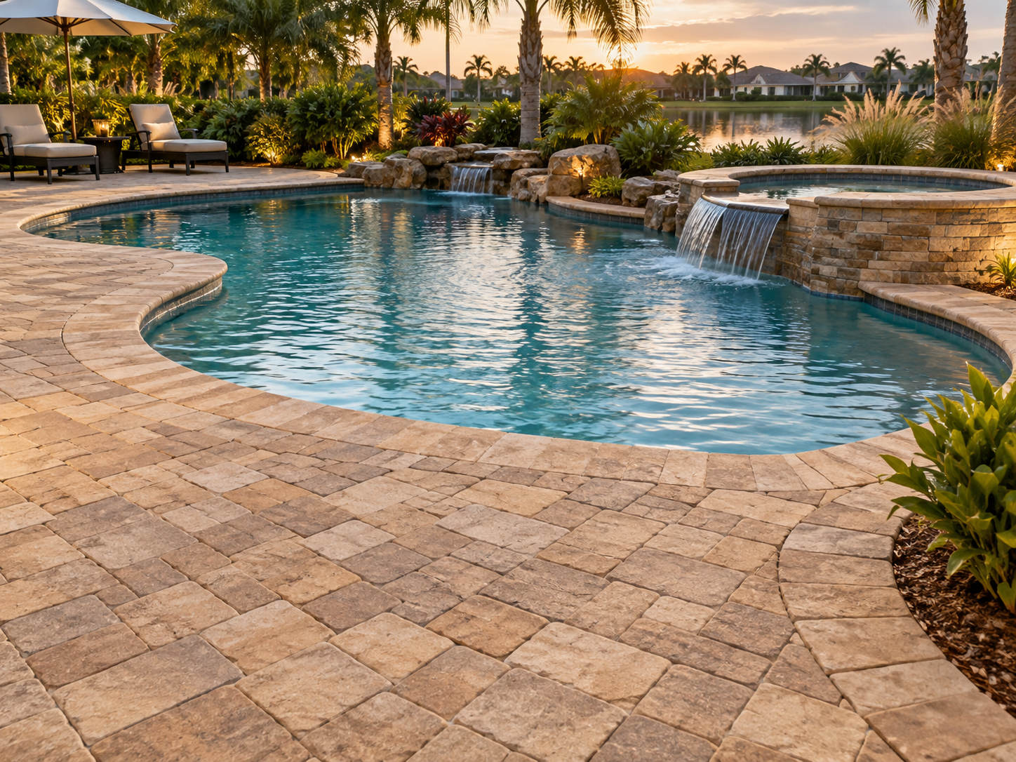 A luxurious backyard pool with a waterfall feature, surrounded by a stone deck, lounge chairs, and lush tropical plants, overlooking a body of water at sunset.