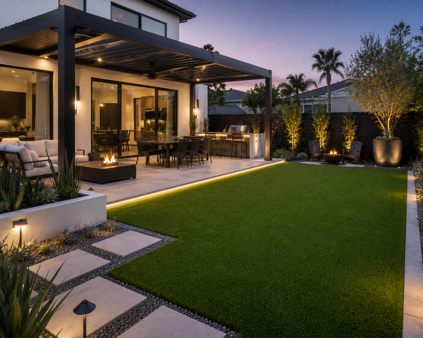 Backyard patio featuring outdoor furniture, fire features, landscaped garden areas, and evening lighting designed for comfortable outdoor living.