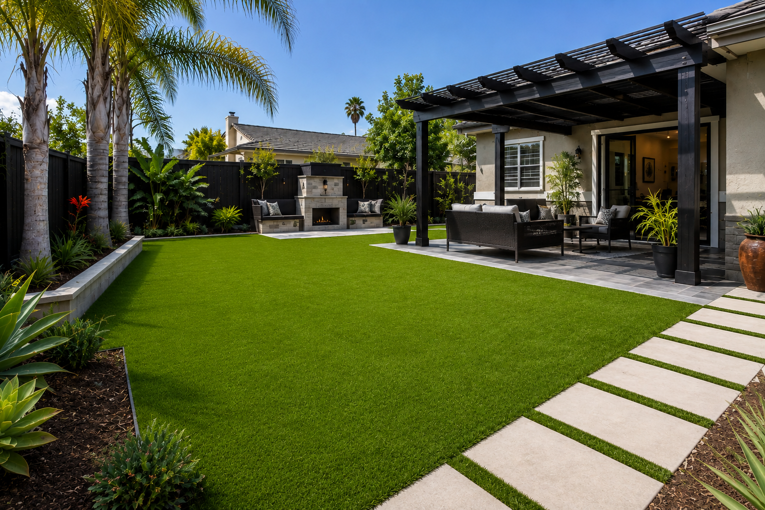 Luxury backyard landscape featuring a swimming pool, covered patio, outdoor lounge area, string lighting, and landscaped greenery for outdoor entertainment.