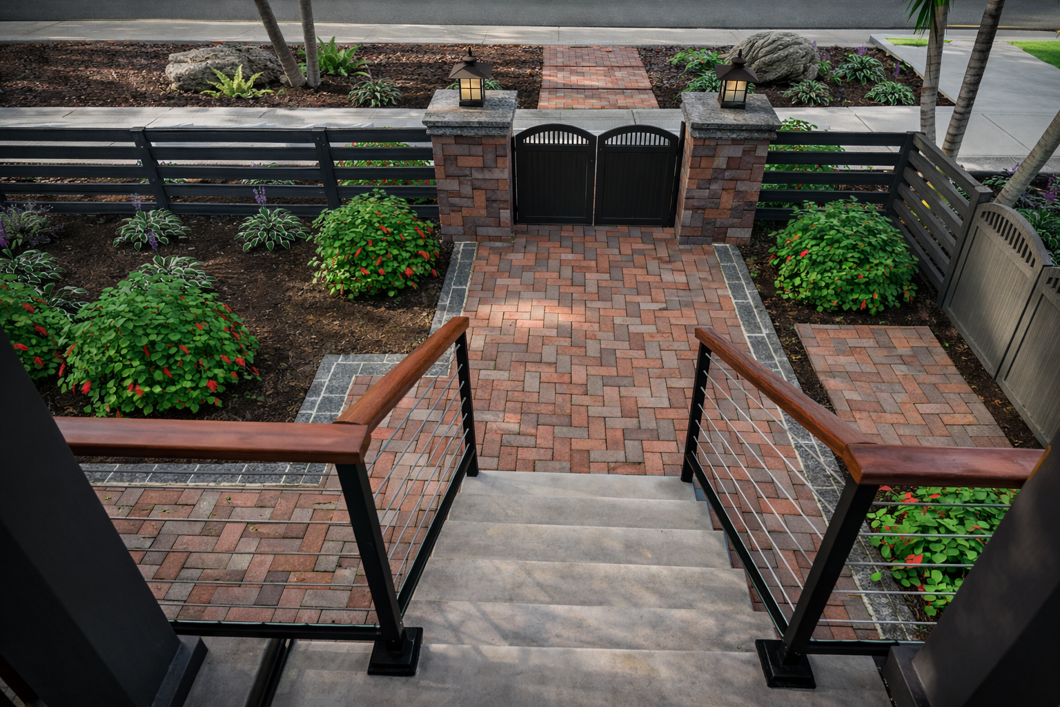 View from top of stairs showing brick pathway leading to a black gate, with landscaped garden beds on either side containing green bushes with red flowers and purple flowers, stone border, and a brick sidewalk beyond the gate.  Landscape makeover, 