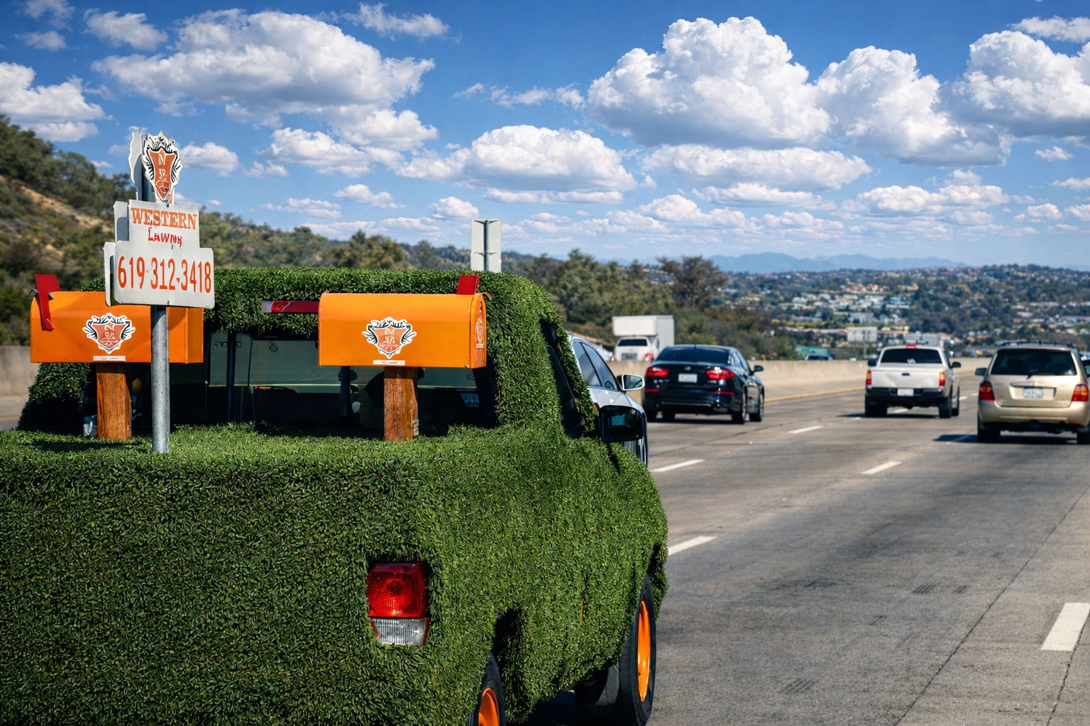A pickup truck covered in green hedge-like foliage driving on a highway with other cars and a sign for Western Lawns, featuring a phone number, visible in the foreground. The sky is partly cloudy with distant cityscape and hills.